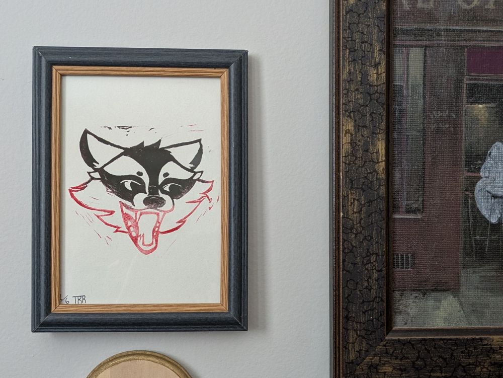Racoon lino block printing 
