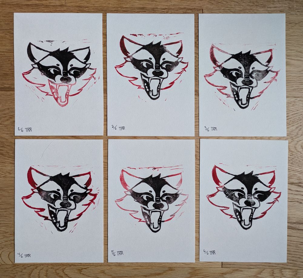 Racoon lino block printing 