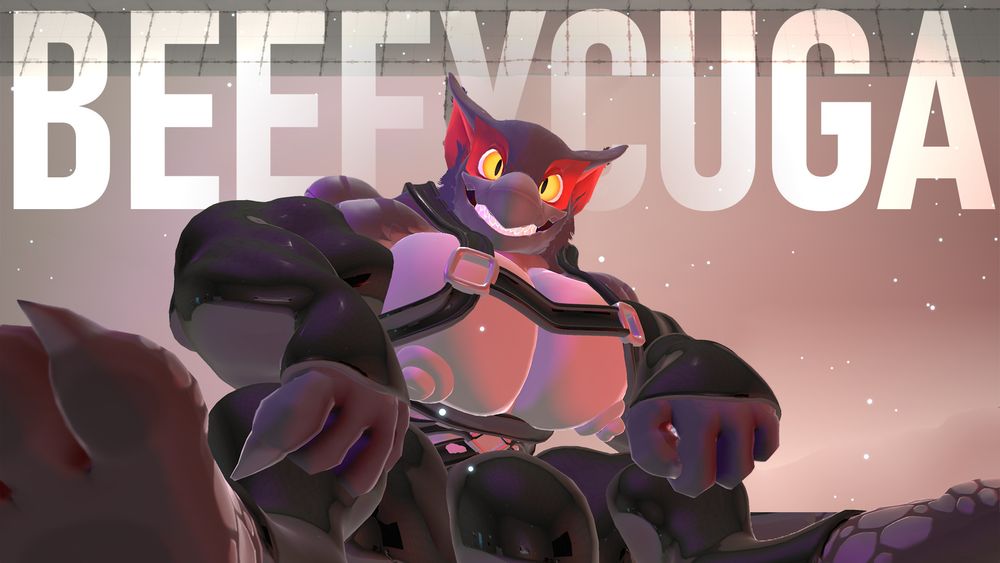 Big muscular Nargacuga sitting in front of the camera with large bulge, latex arm and leg warmers and a harness equipped
Overall musculature is hyper with nubby nips
Big beef boi is happy