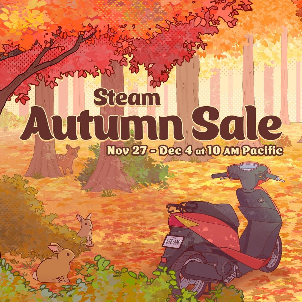 A hand-drawn autumnal scene with a parked motorbike, rabbits, and a pudu with the words "Steam Autumn Sale Nov 27 - Dec 4 at 10am Pacific" written across it.