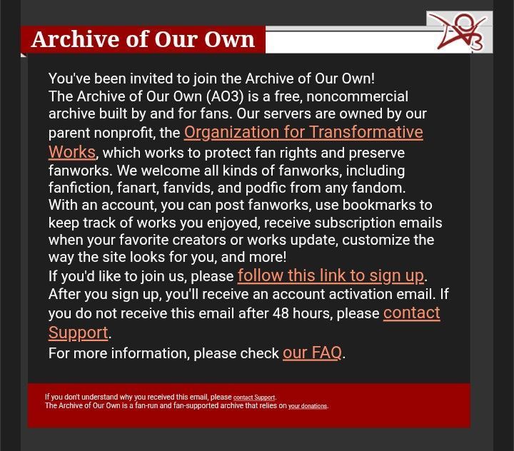 Screenshot of the invite email from AO3.