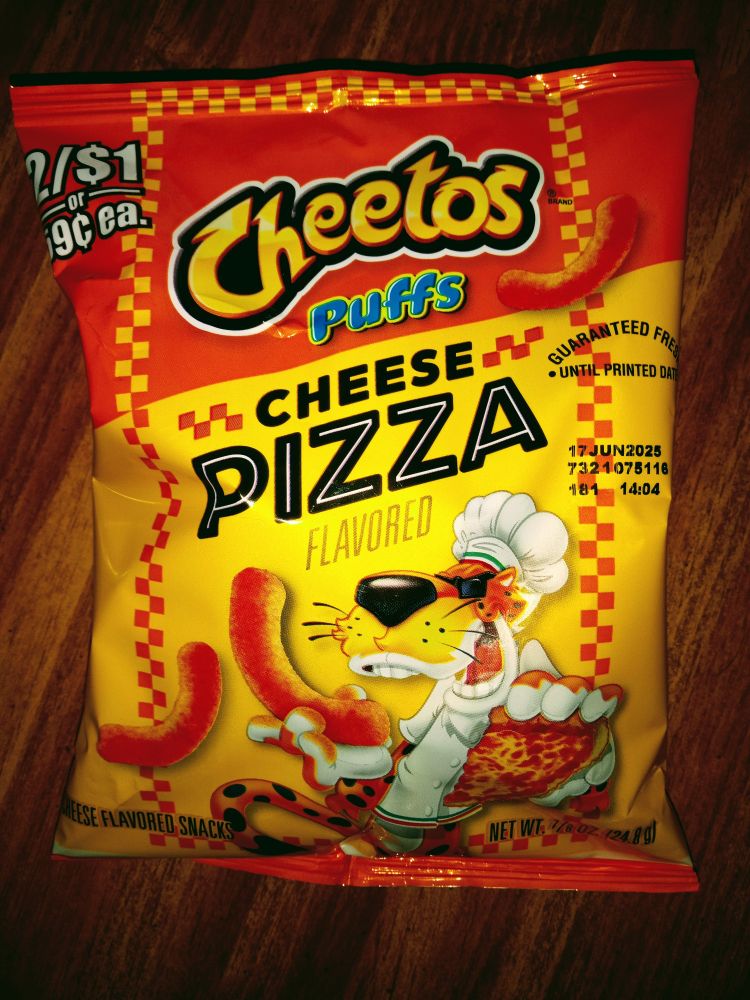 A bag of Cheese Pizza Cheetos Puffs.