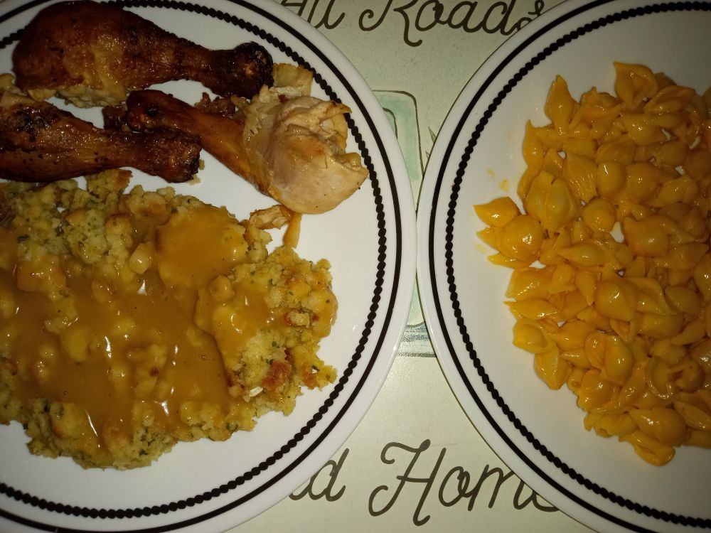 Side by side plates of the aforementioned foods.