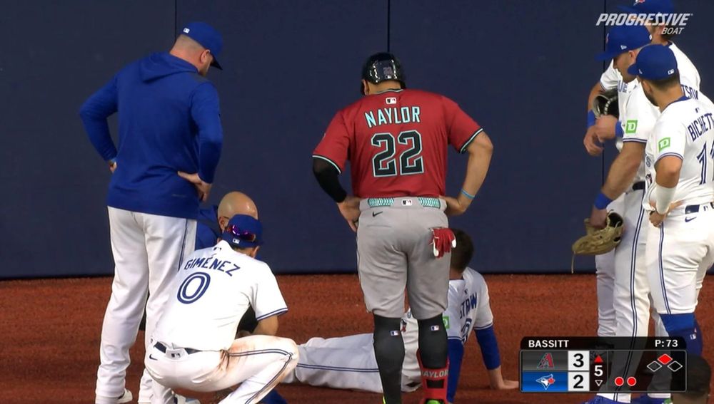 Josh Naylor & Andres Gimenez check up on Myles Straw after he runs into a wall