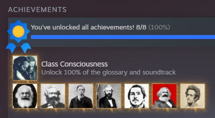 screenshot of Steam showing all achievements unlocked for The Communist Manifesto - A Visual Novel