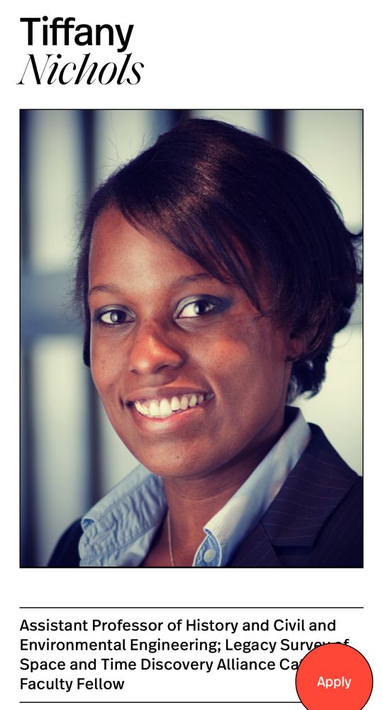 Tiffany Nichols faculty page at Northeastern
Assistant Professor of History and Civil and Environmental Engineering; Legacy Surve Space and Time Discovery Alliance