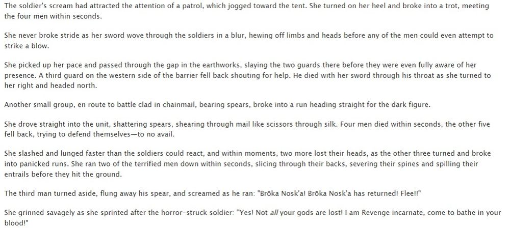 Scene from the fic epic "Elegy" that accompanies the other image in this set. Describes the unnamed character "Her" as she slaughters her way through a group of soldiers.