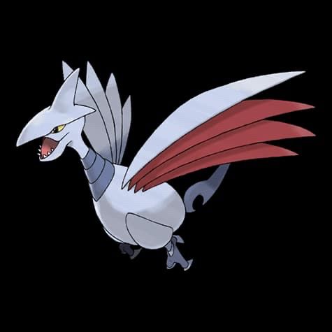 the pokemon skarmory. it is a metal bird, with sharp teeth, a sharp crest on its head, and a sharp tail. its wings consist of 4 sharp blades each, with the top blade being silver and the lower 3 being red on the outside but silver on the inside