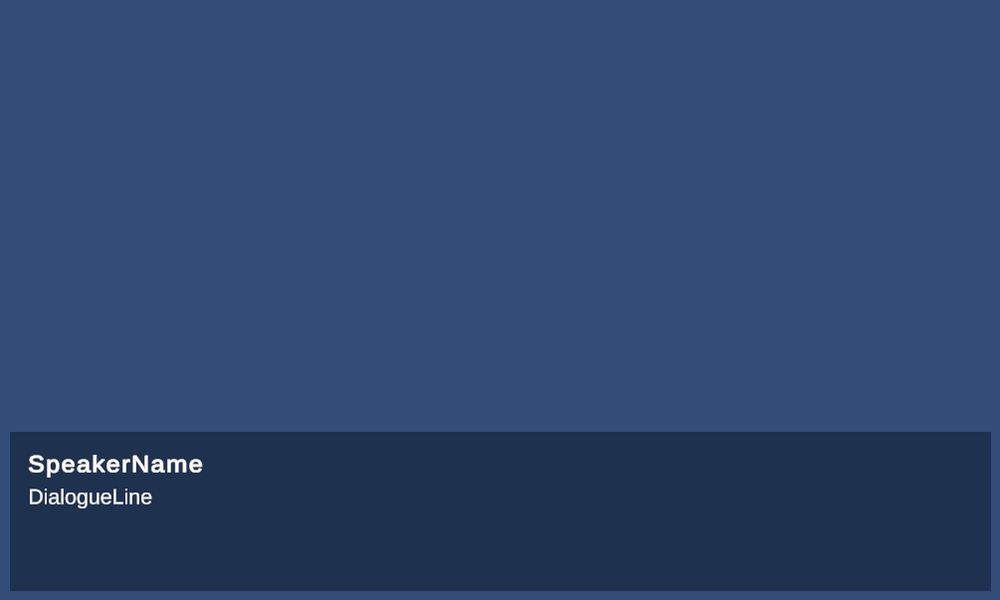 A shot of the Unity game view, with the generic Unity blue in the background and an extremely basic dialogue box in the foreground containing "SpeakerName" and "DialogueLine"