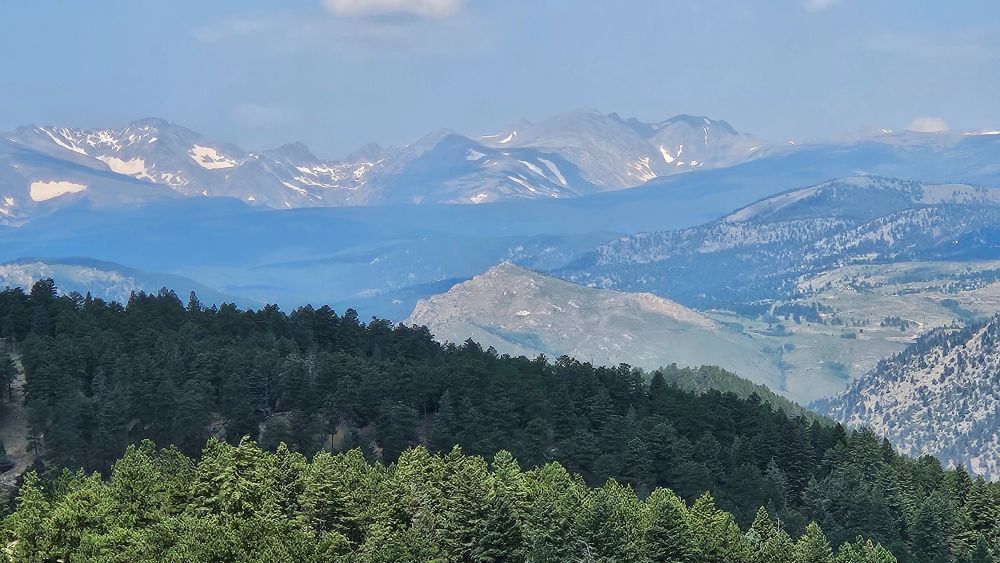 View of the Colorado Rockies from the Flatirons near Boulder.