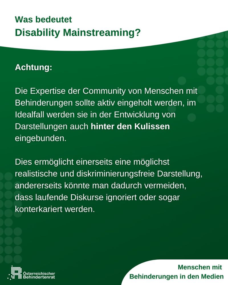 Achtung:

Die Expertise der Community von Menschen mit Behinderungen sollte aktiv eingeholt werden, im Idealfall werden sie in der Entwicklung von Darstellungen auch hinter den Kulissen eingebunden. 

