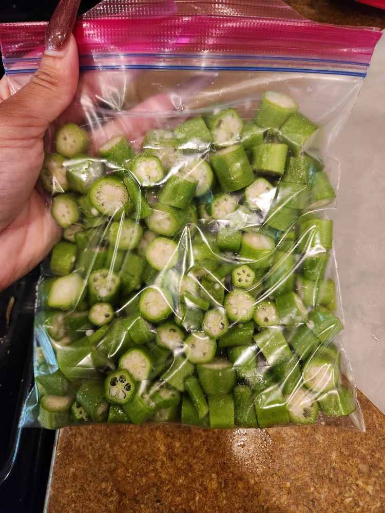 Fresh harvest okra, freshly chopped and in a zipper bag for easy stealing.