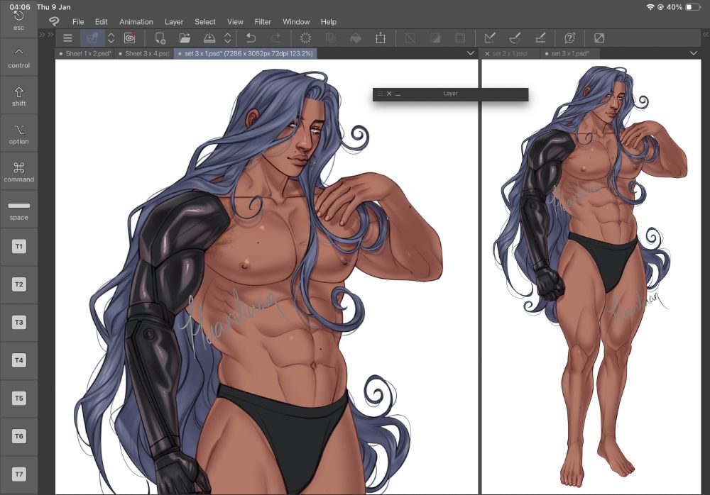 A shaded full-body of my OC, Misha. He is a large, muscular brown-skinned man with long, dyed dark periwinkle hair. His right arm is a sleek black prosthetic, and there is scarring where the prosthetic attaches to his shoulder. He is wearing a simple black placeholder underwear. His left eye is clouded, making him have vision issues. His right eye is partially obscured, and it is brown. He is touching his chest with his left arm. The drawing contains a close-up on the left.