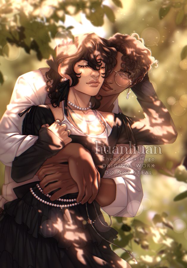An illustration of my and my girlfriend's characters, Theodore (in the back) and Hugo (in the front). Theodore is a brown-skinned Black man wearing a beige vest over brown pants and white button-up. He also has short brown hair, dimples, golden glasses, a gem earring, and a hearing aid. 

Hugo is a light-skinned, freckled transgender man wearing a more alternative, black outfit consisting of a headscarf, a black semi-translucent top over a white shirt, and a frilly, black skirt. He also has many pearls and silver accessories. His hair is medium-length and dark brown.

They are embracing in a garden with lots of intense light and dust particles.