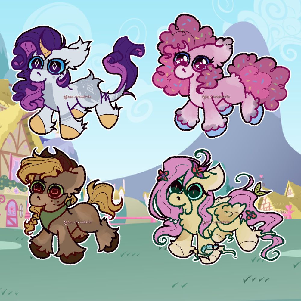 Chibi pony stickers of Rarity, Pinkie Pie, Applejack and Fluttershy (with additional bat features)