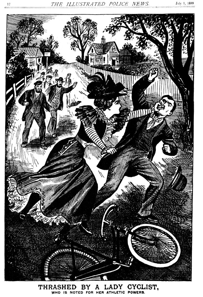 Etch illustration, determined woman in dress and hat punches an astonished man in the face next to a bicycle lying in the road. A small crowd behind them cheers her on.