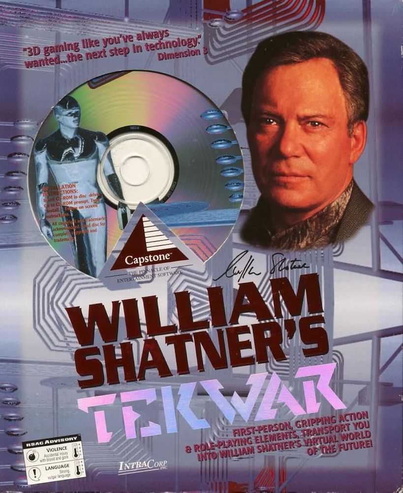 Cover art for the 1995 PC game “William Shatner’s TekWar.” The design features a large photo of William Shatner on the right, a CD-ROM disc partially overlaid on the left with a silver humanoid figure, and the Capstone Software logo. The title “William Shatner’s TekWar” appears in bold red and metallic purple text, with a tagline describing it as first-person, gripping action with role-playing elements. An ESRB advisory notes violence and mild language.