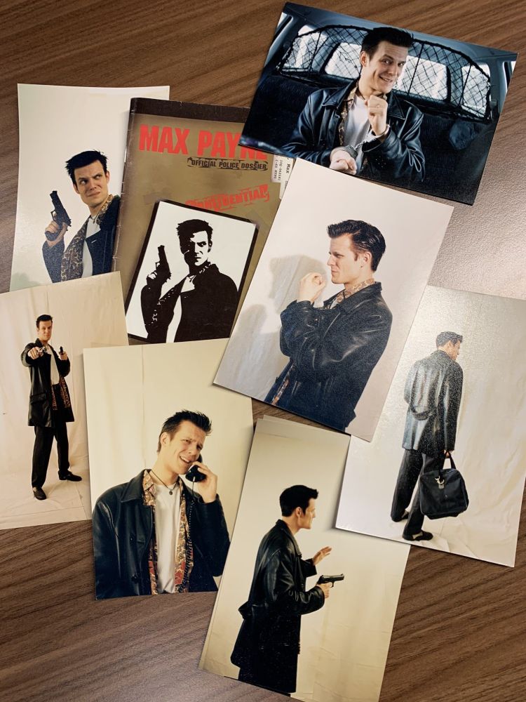 A collection of original behind-the-scenes photos featuring Sam Lake, the face of Max Payne. The images showcase various poses, including dramatic gun stances, intense expressions, and noir-inspired props like a confidential case file and handcuffs. These photos were used as references for the graphic novel-style story screens in the Max Payne video game, capturing the gritty, iconic vibe of the character.