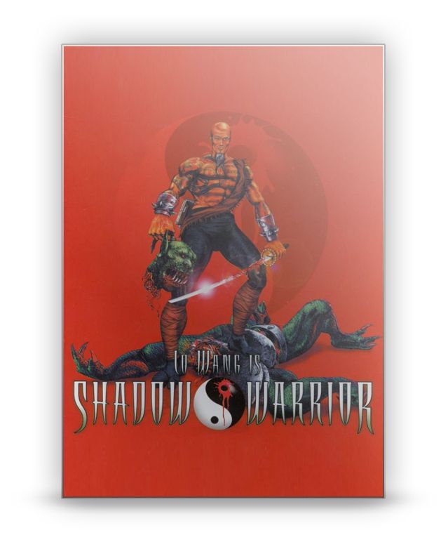 Box art for Shadow Warrior (1997), featuring the protagonist Lo Wang standing triumphantly atop a slain green creature. He’s holding a bloodied katana in one hand and the severed head of an enemy in the other. Behind him is a large yin-yang symbol on a red background, with the text “Lo Wang is Shadow Warrior” at the bottom. The artwork captures the over-the-top, action-heavy tone of the classic Build Engine FPS.