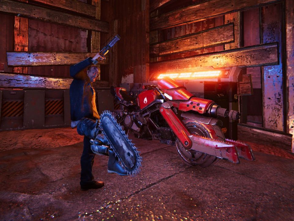Johnny Turbo raises his pistol while standing beside a futuristic red motorcycle outfitted with chainsaw blades. His cybernetic chainsaw leg is lifted in front of him, mirroring the bike’s brutal design. The gritty, neon-lit garage setting enhances the game’s intense, retro-futuristic atmosphere.