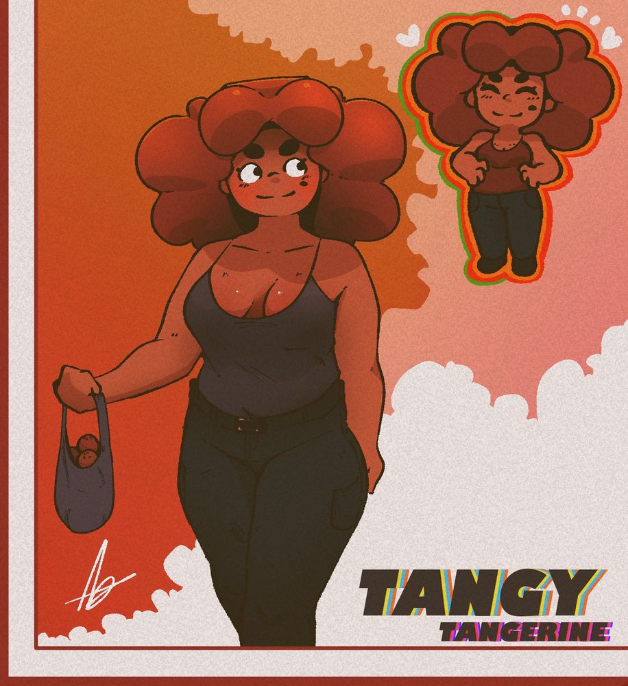 A poster-like drawing of Tangy Tangerine, she's holding a bag of tangerines. A chibi version of Tangy is on the top right corner having her hands on her hips