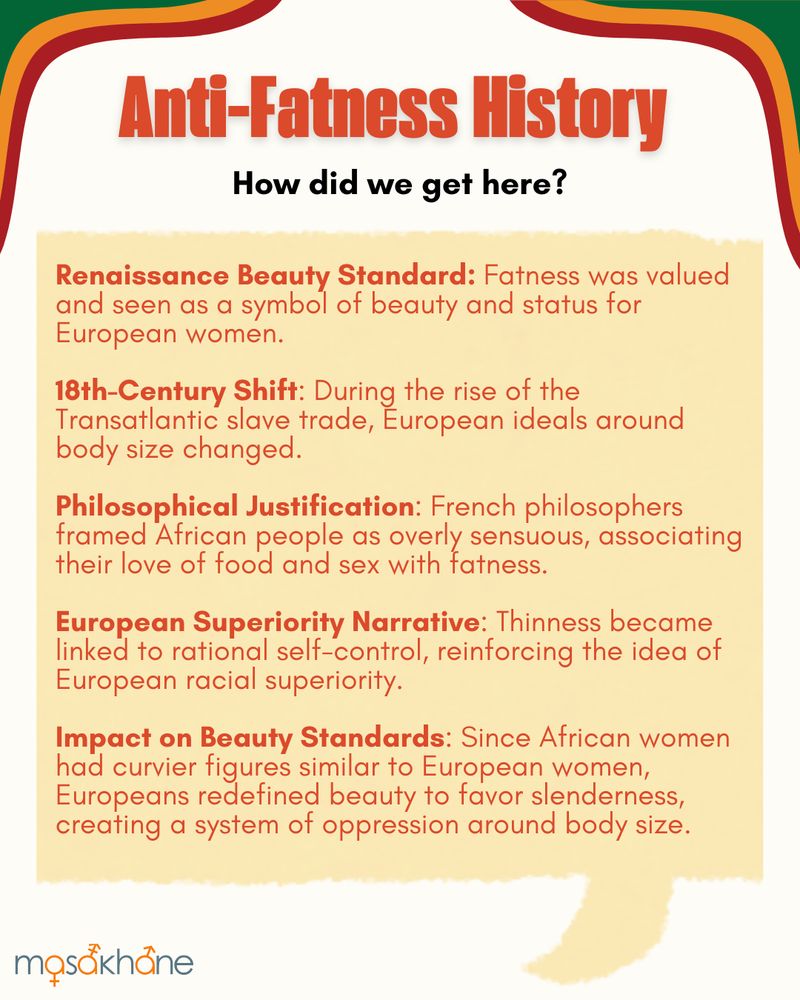 Title: Body Justice and Fat Liberation

Masakhane logo

This Black History Month, we discussed Black bodies and how anti-fatness is rooted in racism. We’re embracing joy, self-love, and the fight for justice. Every body is powerful, worthy, and deserving of respect.

Image of 9 Black people of varying gender expressions ages, shades and styles.
