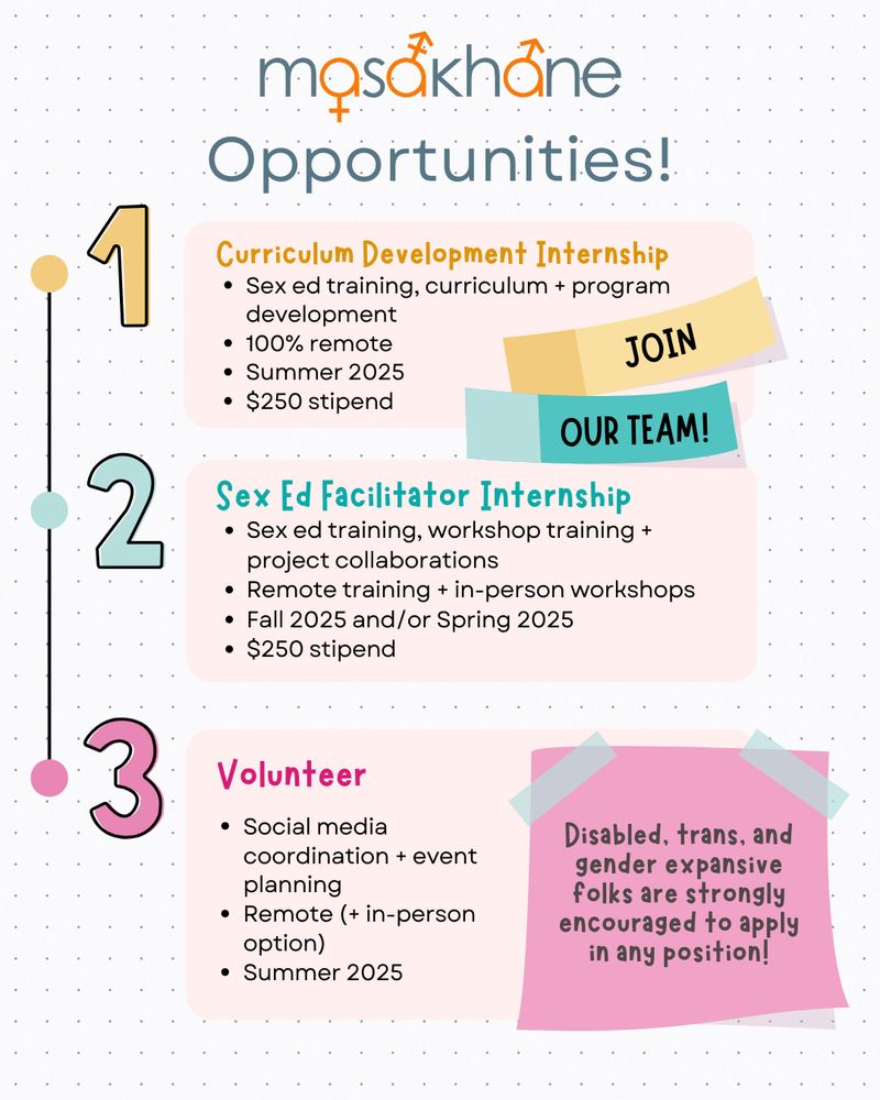 Masakhane Opportunities! 

First bullet - Curriculum Development Internship: Sex ed training, curriculum + program development; 100% remote; Summer 2025; $250 stipend

Second bullet - Sex Ed Facilitator Internship: Sex ed training, workshop training + project collaborations; Remote training + in-person workshops; Fall 2025 and/or Spring 2025; $250 stipend

Third bullet - Volunteer: Social media coordination + event planning; Remote (+ in-person option); Summer 2025

Disabled, trans, and gender expansive folks are strongly encouraged to apply in any position!