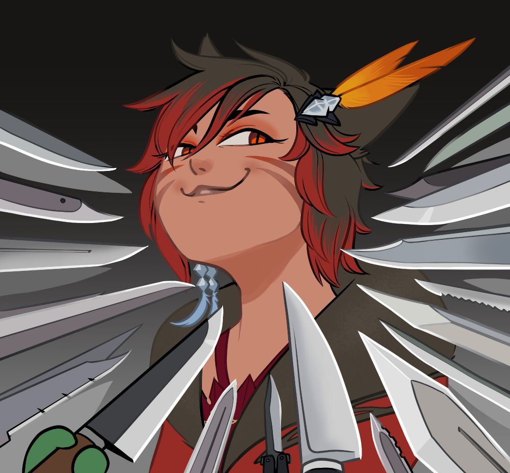 Natori Kontrilah, looking extremely smug with herself. An assortment of bladed weapons pointed at her. 