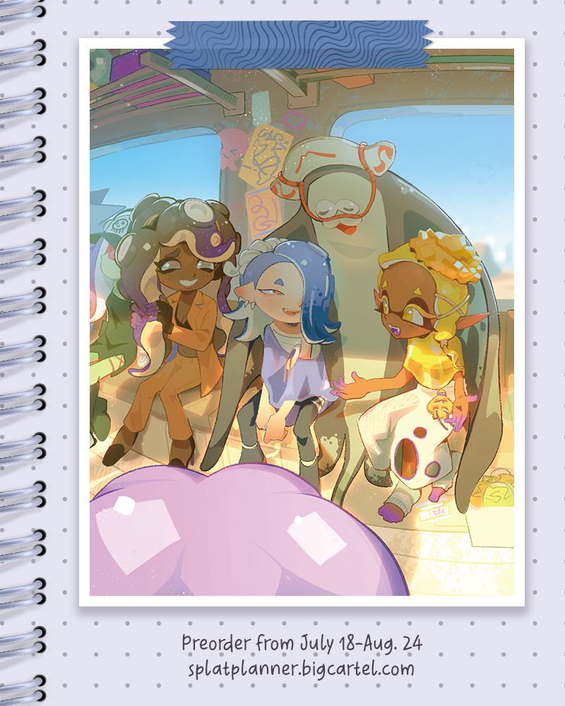 Text: "Preorder from July 18-Aug. 24 / splatplanner.bigcartel.com" Inside the train from Splatoon 3 are sitting various new and old characters from the Splatoon franchise. In the preview are the following shown left to right: dedf1sh, Marina, Shiver, Big Man and Frye.