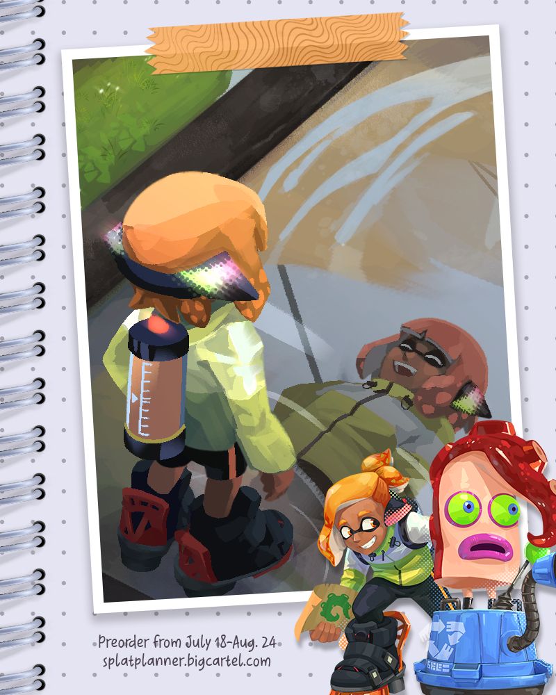 Text: "Preorder from July 18-Aug. 24 / splatplanner.bigcartel.com" Agent 4 is looking at their reflection with a smile. In the bottom right corner is Agent 4 facing an enemy octarian.