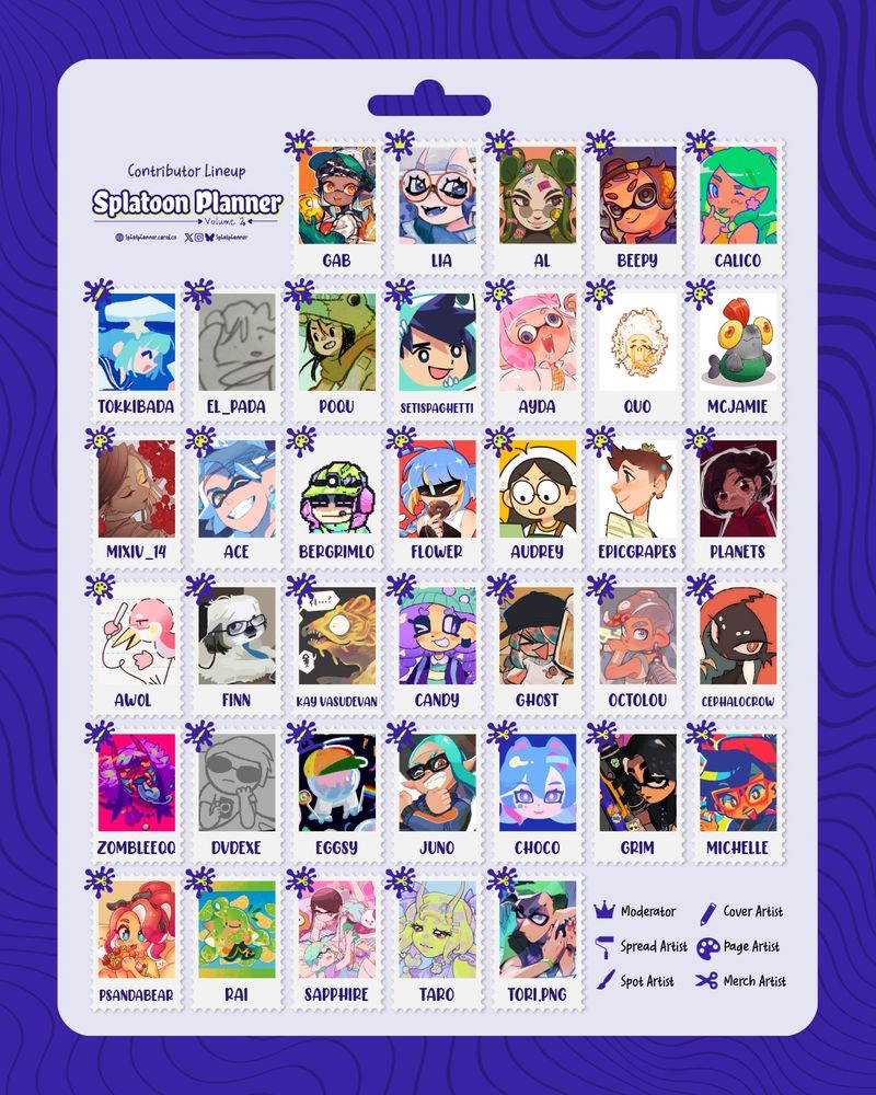Contributor overview graphic. Each postcard stamp features an icon and the name of the contributor. In the top left is an ink splatter with a symbol that showcases which role each person has (moderator, cover artist, spread artist, page artist, spot artist or merch artist in that order).

First row: GAB, LIA, AL, BEEPY, CALICO
Second row: TOKKIBADA, EL_PADA, POQU, SETISPAGHETTI, AYDA, QUO, MCJAMIE
Third row: MIXIV_14, ACE, BERGRIMLO, FLOWER, AUDREY, EPICGRAPES, PLANETS
Fourth row: AW0L, FINN, KAY VASUDEVAN, CANDY, GH0ST, OCTOLOU, CEPHALOCROW
Fifth row: ZOMBLEEQQ, DVDEXE, EGGSY, JUNO, CHOCO, GRIM, MICHELLE
Sixth row: PSANDABEAR, RAI, SAPPHIRE, TARO, TORI.PNG