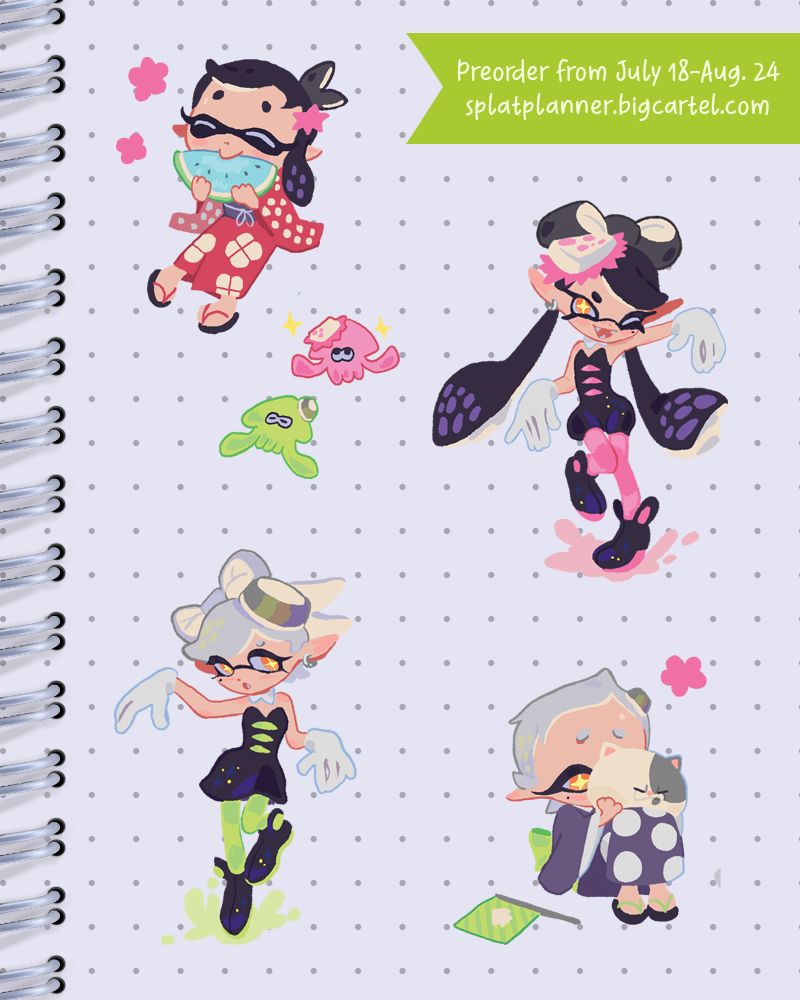 Text: "Preorder from July 18-Aug. 24 / splatplanner.bigcartel.com" Spot art of young and adult Squid Sisters as well as their inkling form are shown. 