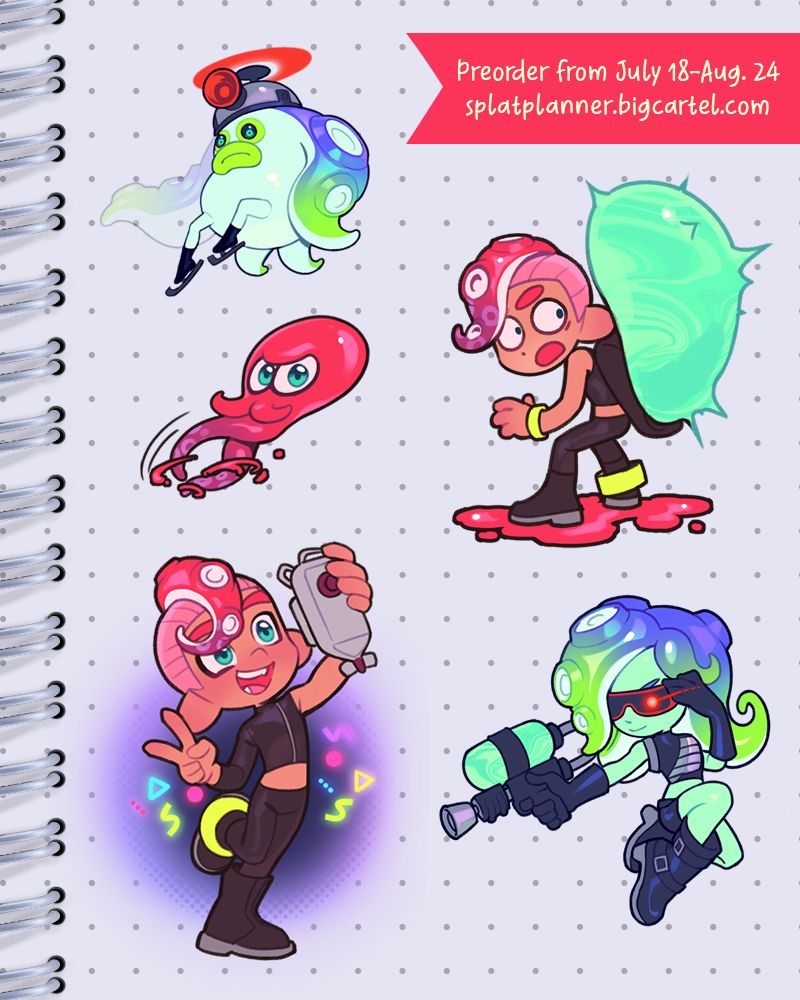 Text: "Preorder from July 18-Aug. 24 / splatplanner.bigcartel.com" Spot art of Agent 8 with a sanitized Octarian and Octoling are shown.