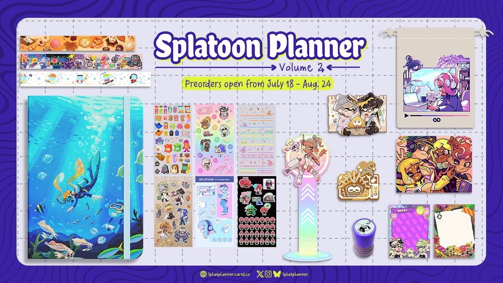 Text: "Splatoon Planner Volume 2. Preorders open from July 18 - Aug. 24" The image shows all previous planner and merchandise mockups neatly put together.