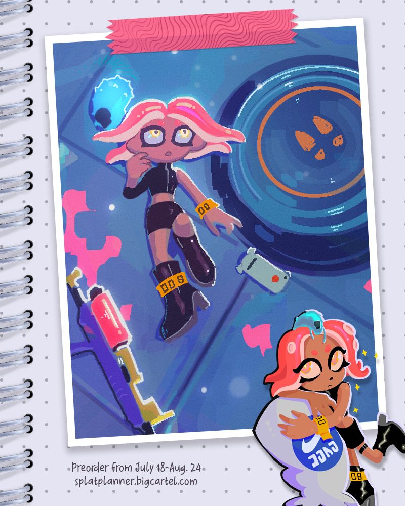 Text: "Preorder from July 18-Aug. 24 / splatplanner.bigcartel.com" Agent 8 is lying down on the ground with C.Q. Cumber right in front of a station. In tye bottom right corner is Agent 8 hugging one of the training dummies.