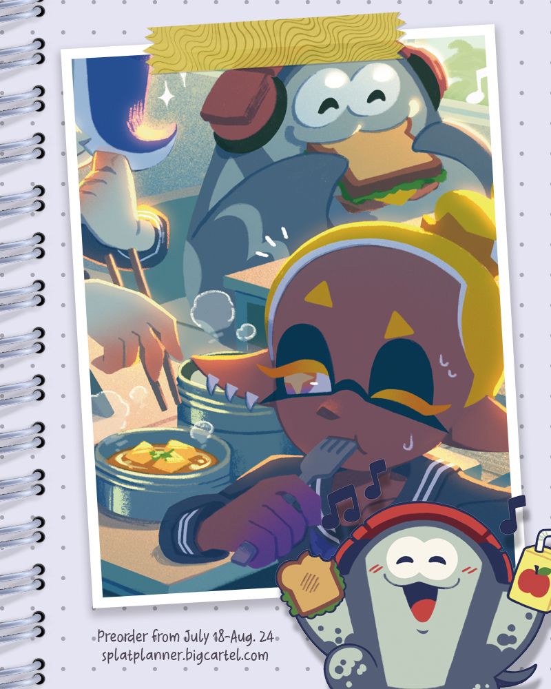 Text: "Preorder from July 18-Aug. 24 / splatplanner.bigcartel.com" Deep Cut is shown in their school outfits enjoying their lunch at the desks. In the bottom right corner is Big Man holding up snacks happily.