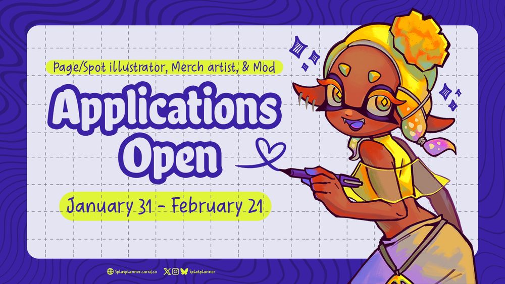 Graphic text says: "Page/Spot Illustrator, Merch Artist, & Mod Applications open: January 31 - February 21" On the right side of the text is Frye holding a pen and scribbling a heart.