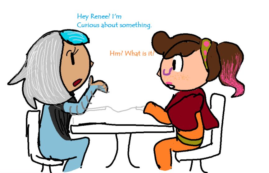 Aoi and My drifter, Renee, sitting at a table in the mall. Aoi asks "Hey Renee? I'm curious about something" 

Renee responds with "Hm? What is it?"