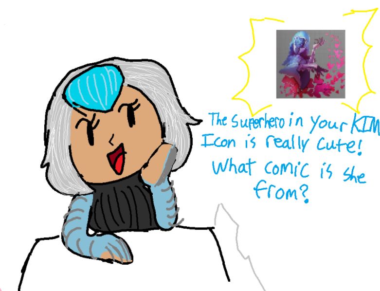 Aoi is sitting at a table, looking to the side. A picture of the Yareli with hearts glyph to her right. She says "The superhero in your KIM Icon is really cute! What comic is she from?" 