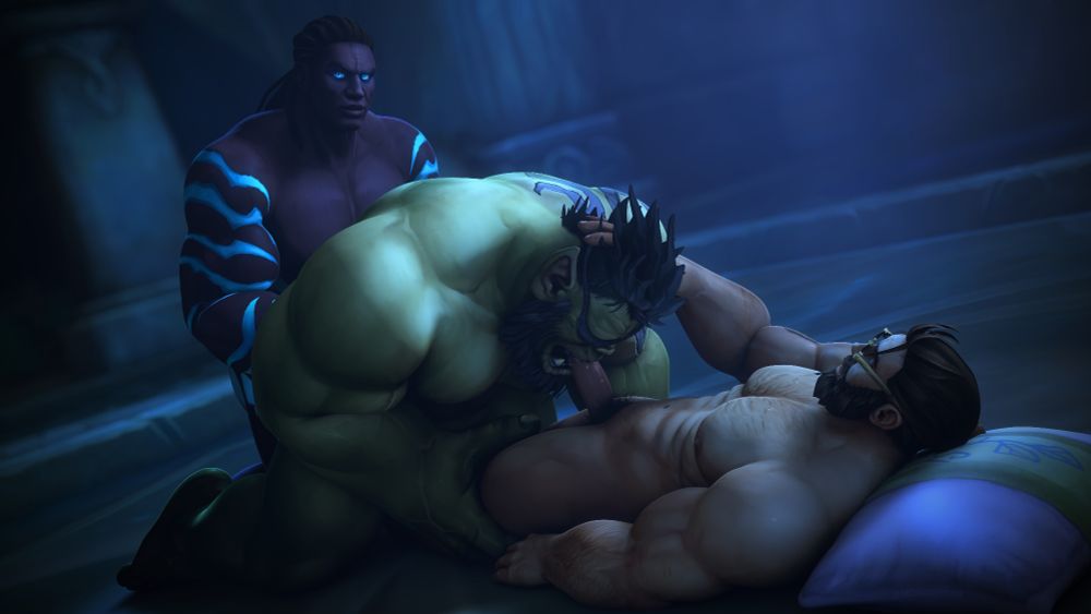 A gay threesome. An Orc is giving a white human man a blowjob, while a black human man is giving it to the Orc from behind. The black man is looking at the viewer with a slightly quizzical expression. #dorc #rykarr #swhuman
