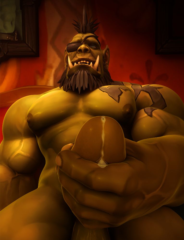 A close up of a nude gay male Orc masturbating with his penis leaking pre. He is about to ejaculate. There is also great emphasis on his biceps and pecs. #dorc #rykarr
