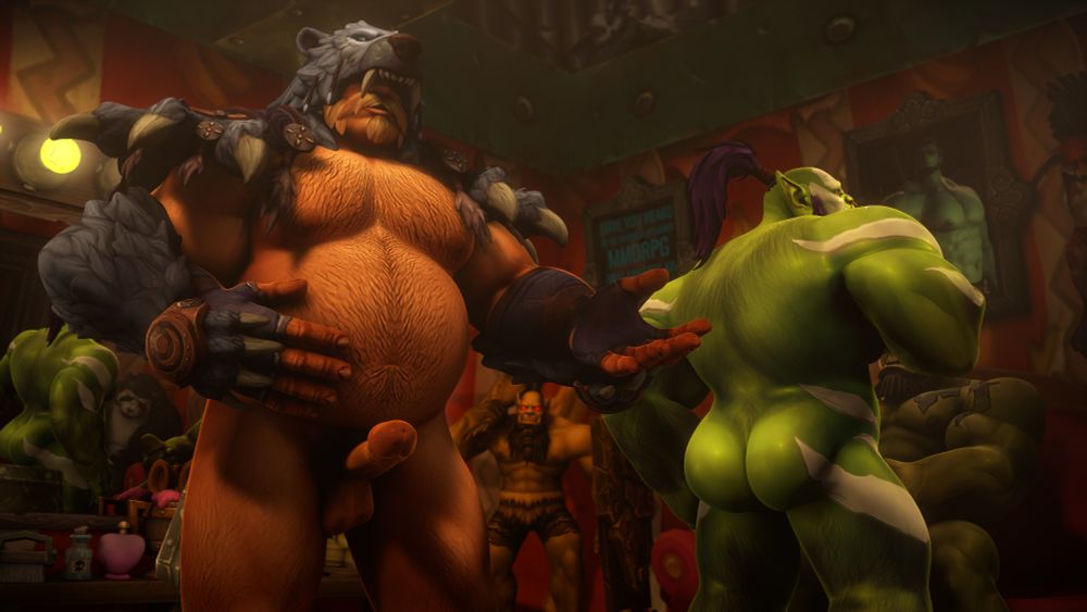 Lots of gay nude men. A Kul'tiran man on the left presenting the rear end of a chubby and hairy male Orc on the right. #dorc #bbh