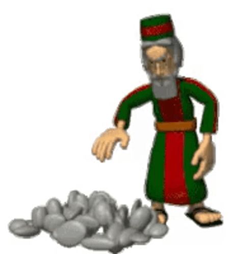 a cartoon of a man standing next to a pile of rocks and throwing a rock .