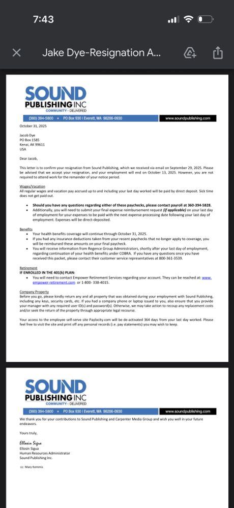 Sound Publishing says that they accept Jake’s resignation effective on Oct. 13