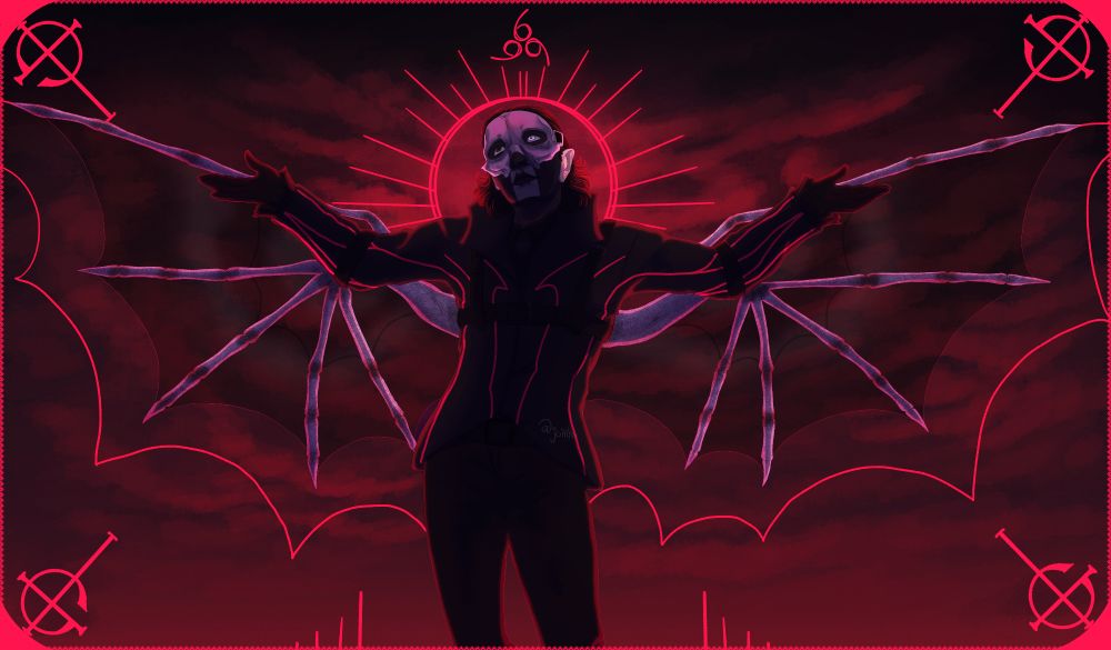 A digital art rendering of the frontman Papa V Perpetua from the band Ghost. He is posed with his arms and costume wings spread out against a cloudy red background as he looks up.