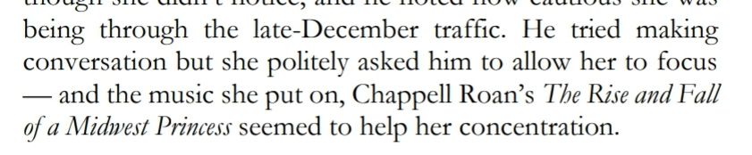 An excerpt from Snowfall, a short story in Arcbeatle Press's Holiday anthology A Christmas Codex. It reads: "He tried making 
conversation but she politely asked him to allow her to focus 
— and the music she put on, Chappell Roan’s The Rise and Fall 
of a Midwest Princess seemed to help her concentration."