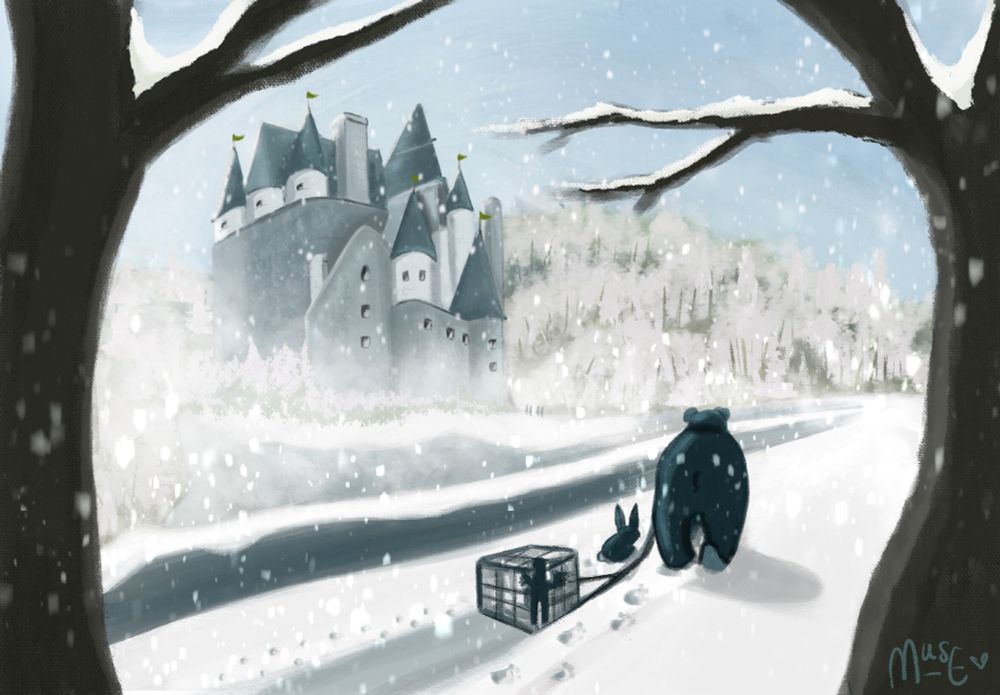 doodle: trudging through the snow, a bear and rabbit drag a cage toward a castle in the distance. snow continues to fall over the scene