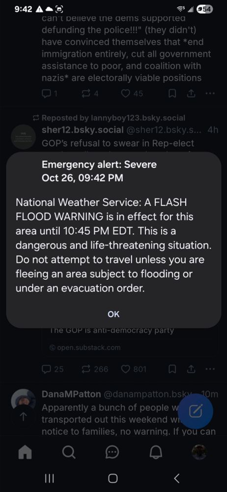 An emergency alert on my phone for a flash flood warning. 