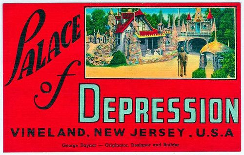 A 1930s tourist ad. A vaguely European looking half timbered structure next to a little bridge with some kind of house on it, identified as the Palace of Depression, in Vineland New Jersey, U.S.A.