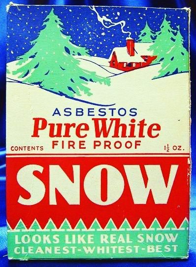 1930s looking packaging; an image of a cottage in the midst of snow covered pine trees and snow covered hills, that reads SNOW looks like real snow cleanest - whitest - best , contents 1 and 1/2 ounce of PURE White brand asbestos.